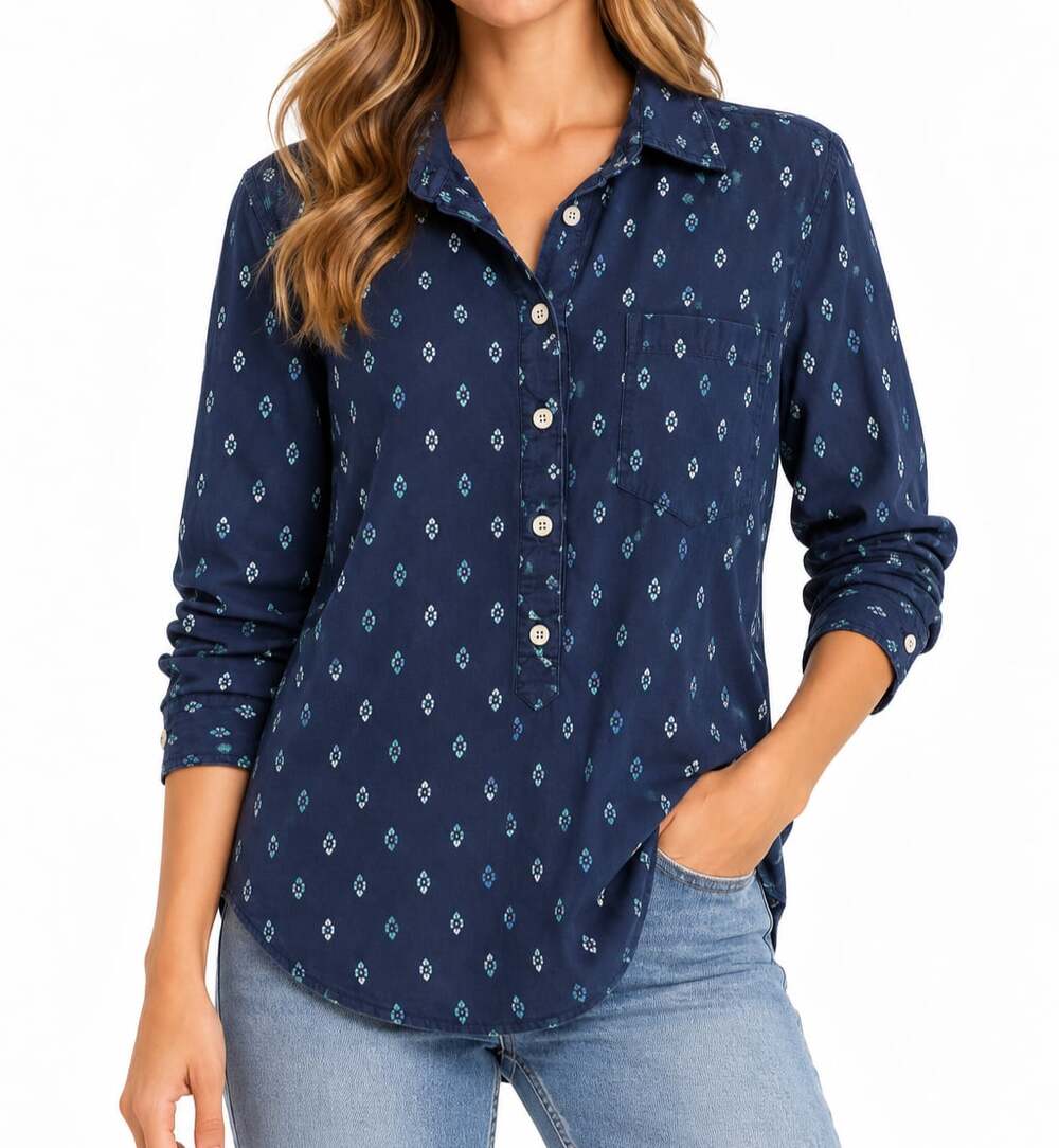Merona 100% Cotton Women's Navy Geometric Print Long Sleeve Popover Shirt